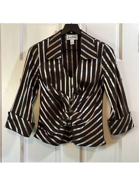 Joseph Ribkoff Brown and Silver Striped Button Front Blouse